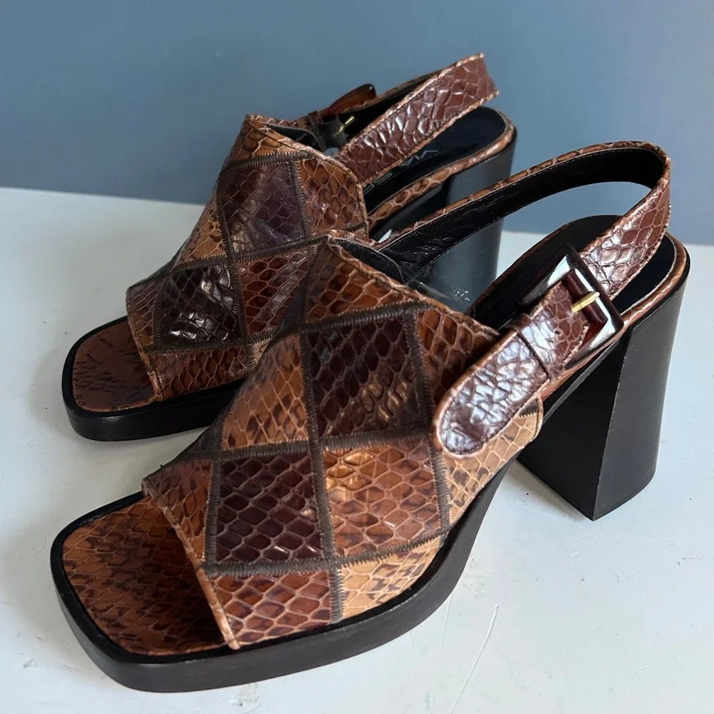 Y2K Via Spiga Patchwork Snakeskin Slingback Block Heel Sandal Brown Size 7 Italy